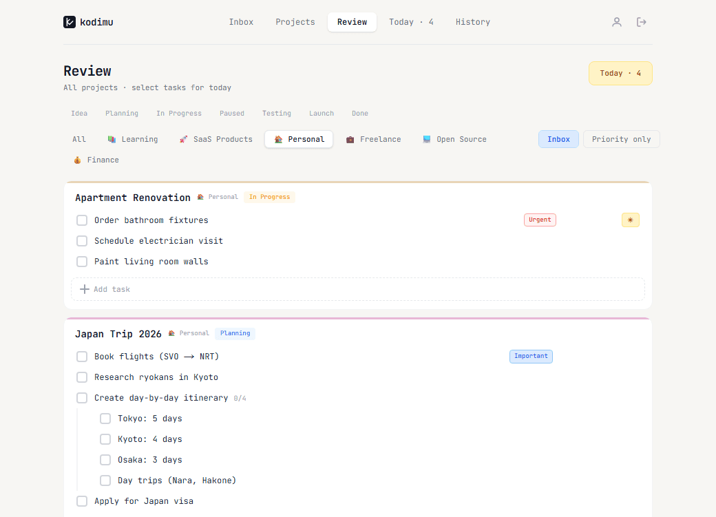 Kodimu Review page — all tasks from all projects on one screen